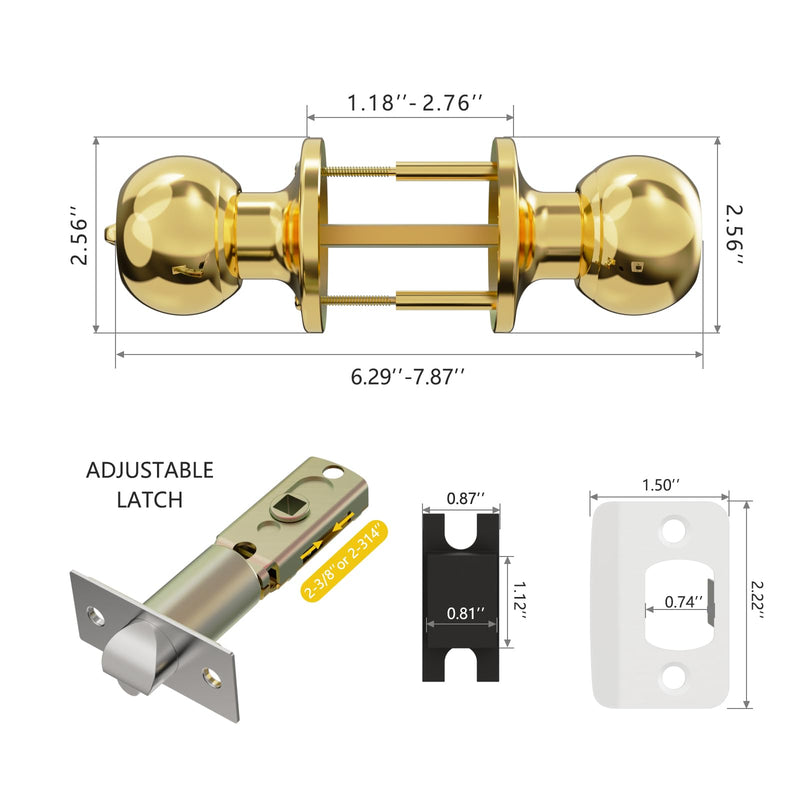 Door Knobs with Lock and Keys, Interior and Exterior Door Lock Standard Ball Door Locks for Bedrooms Bathroom Gold 2