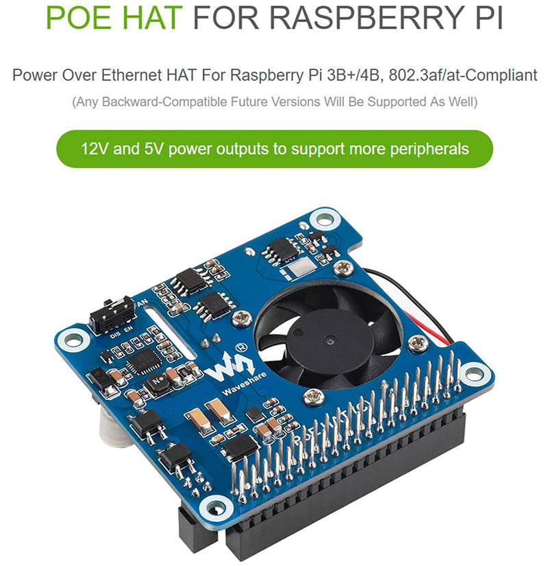 Power Over Ethernet (C) for Raspberry Pi 4B/3B+, POE HAT Board with Cooling Fan,Support IEEE 802.3af/at-Compliant Network,5V USB-A & 12V Header Outputs to Use More Peripherals C Version with High Power