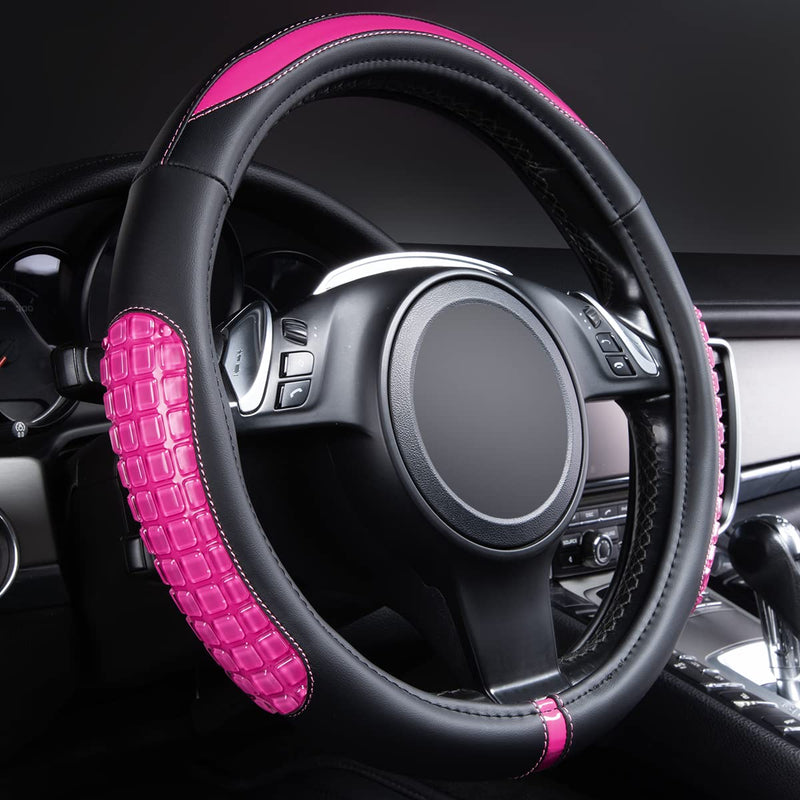 Flying Banner car Steering Wheel Cover Gel Massage Velvet Cool Warm Universal Size 15 inches SUV Truck Anti Slip Odorless Summer Winter (Black Pink, Gel Massage) Black Pink