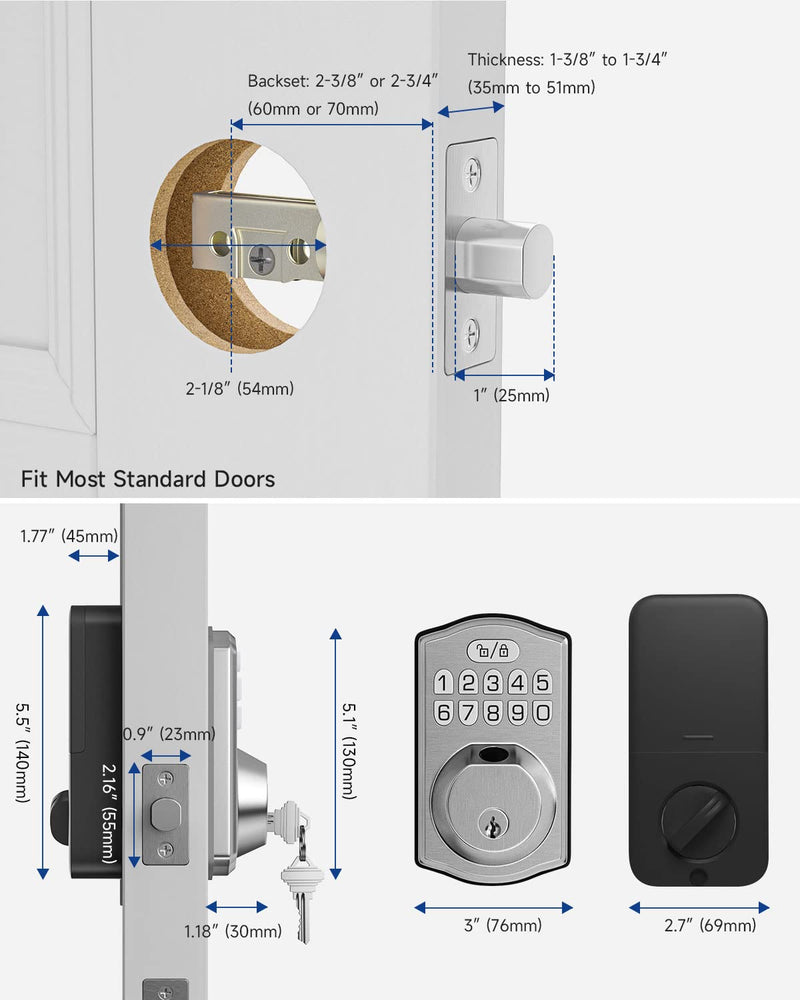 HOSOM Smart Fingerprint Deadbolt for Front Door, Electronic Keypad Entry Door Lock-20 User Codes, Anti Peeking, Auto Lock, Satin Nickel