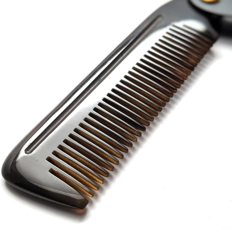 Badass Beard Care 2-IN-1 Folding Ox Horn Comb with Stainless Steel Body and Genuine Leather Protective Case