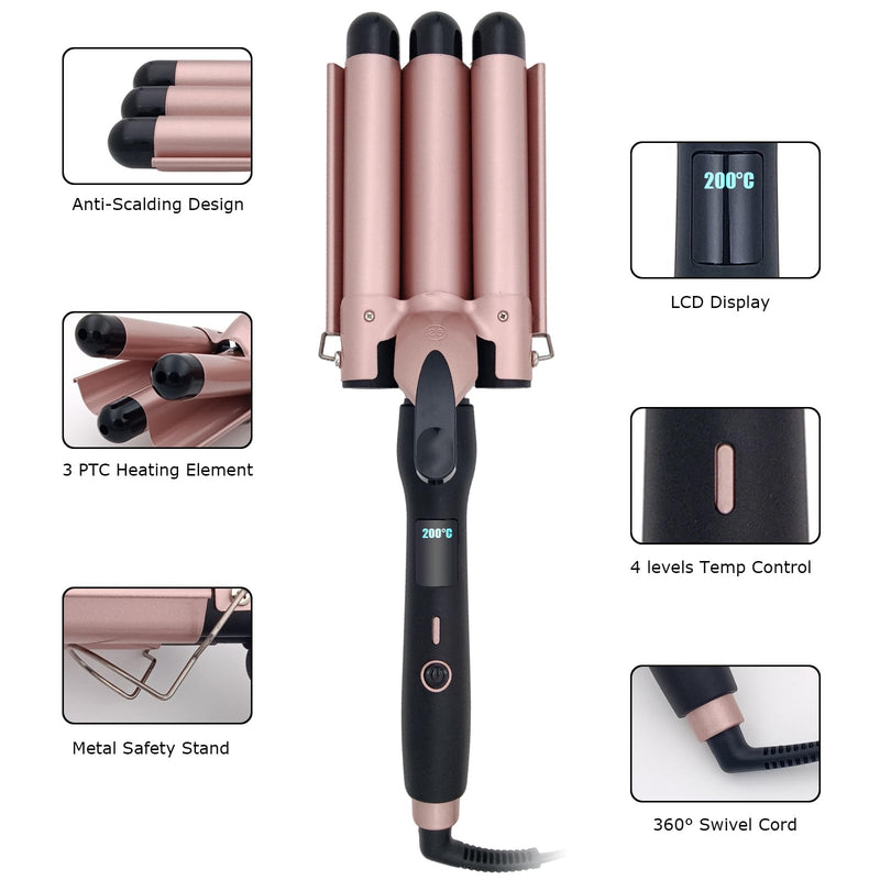 3 Barrel Hair Curler, 25mm Ceramic Tourmaline Hair Curling Iron Waver Wand with LCD Temperature Display, Fast Heating Foldable Crimpers for Travel (Gold) Gold