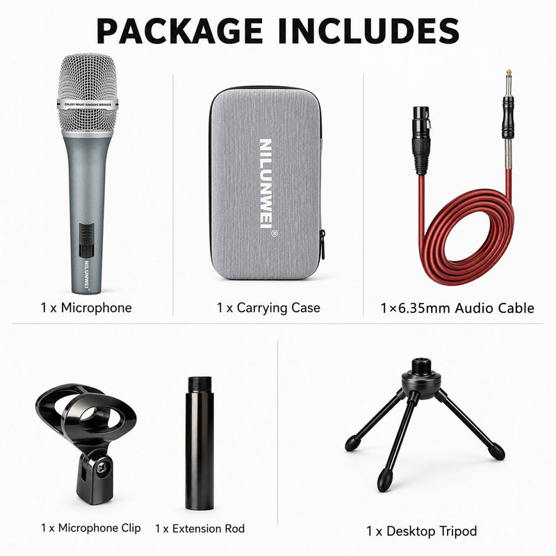 Dynamic Microphone - Heart shaped Directional Wired Microphone, used as a vocal microphone for live sing, with 14 foot XLR to 1/4 inch audio cable, desktop tripod, extension pole, Mic storage bag