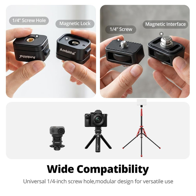 Ambitful MC1 Magnetic Quick Release Mount Adapter, 1/4 Inch Screw | Universal expansion adapter for cameras, LED lights, mini tripods kit