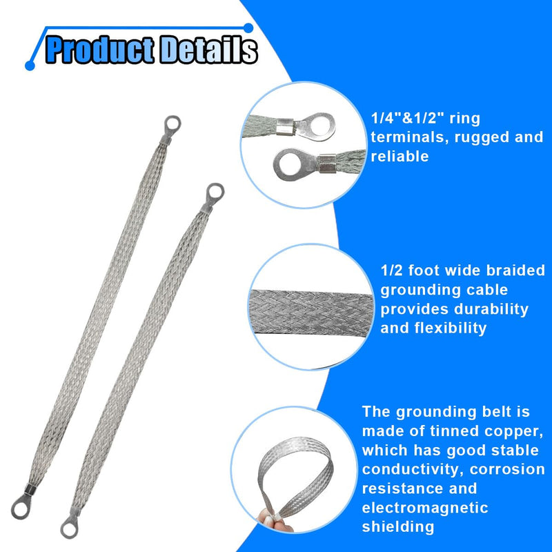Universal Automotive Ground Strap Kit, 3PCS 10 "x 1/2" and 2PCS 13 "x 1/2" Heavy Duty Flat Braided Copper Ground Straps, Professional Auto Engine Grounding Cable Straps with Rings Terminal