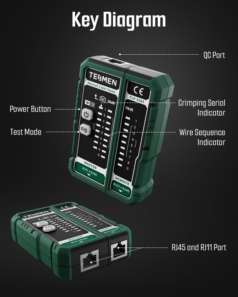 TESMEN TLP-528A Network Cable Tester for RJ11 RJ45, Ethernet Wire Tester for LAN & TEL Continuity and QC Test, for CAT5/CAT6/CAT7, Suitable for Cable Maintenance and Sorting - Green