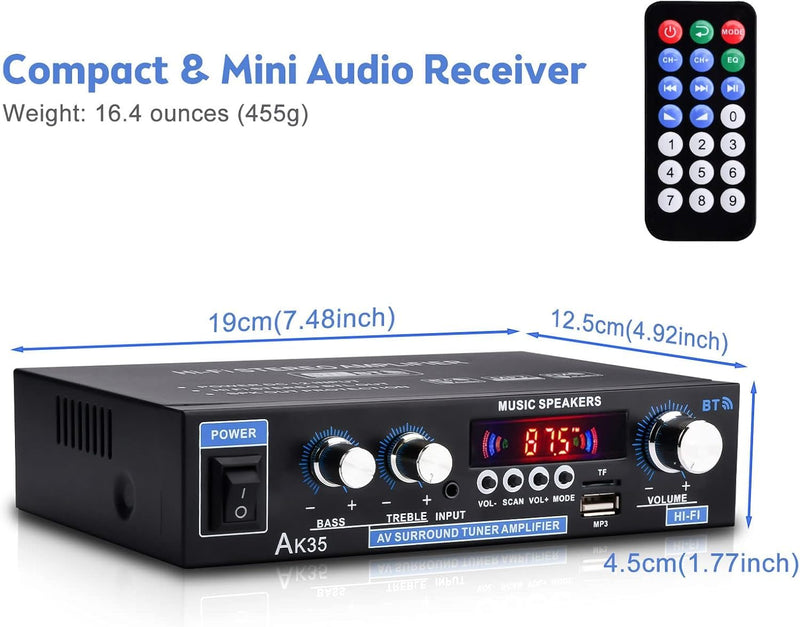 AK35 Home Audio Amplifier Receiver, 200W Home Dual Channel Bluetooth 5.0 Sound Speaker AMP, Home Amplifiers FM Radio/USB/SD/Card w/Remote Control Home Theater Audio Stereo System Components AK35-2