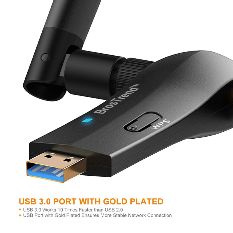 BrosTrend 1200Mbps Long Range USB WiFi Adapter for PC Desktop Laptop of Windows 11/10/8.1/8/7, Wireless Adapter Dual Band 2.4GHz 300Mbps + 5GHz 867Mbps, 2X 5dBi High Gain Antennas, USB 3.0 Cradle