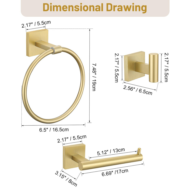 Towel Ring Set 4 Piece Bathroom Hardware Set Includes Towel Ring 2 Towel Hooks and Toilet Paper Holder Stainless Steel Wall Mounted (Brushed Gold) Brushed Gold Set C