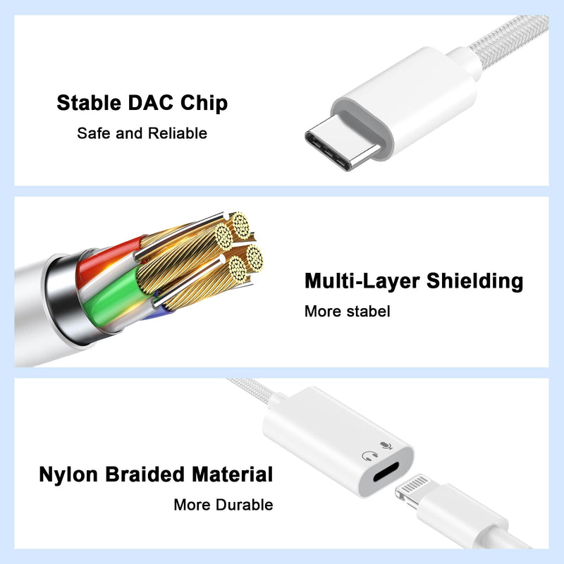 2 Pack USB C to Lightning Headphone Audio Adapter, Apple Type C Headphones | Male to Female Lightning Earphone Headphones Converter with Charge Data Transfer, for iPhone 17/16/15 Plus/Pro,iPad,MacBook White