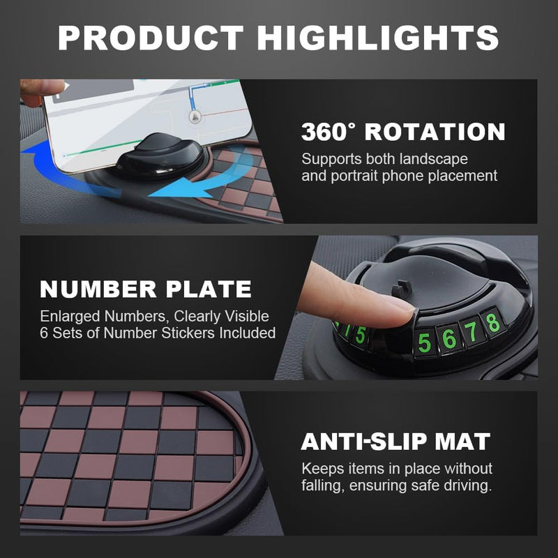 Multifunction Car Anti-Slip Mat, Upgrade Car Anti-Slip Mat Phone Holder with Temporary Parking Number, Rotatable Anti Skid Car Dashboard Pad for Phone Sunglasses Keys (Brown+Gold) Brown+Gold
