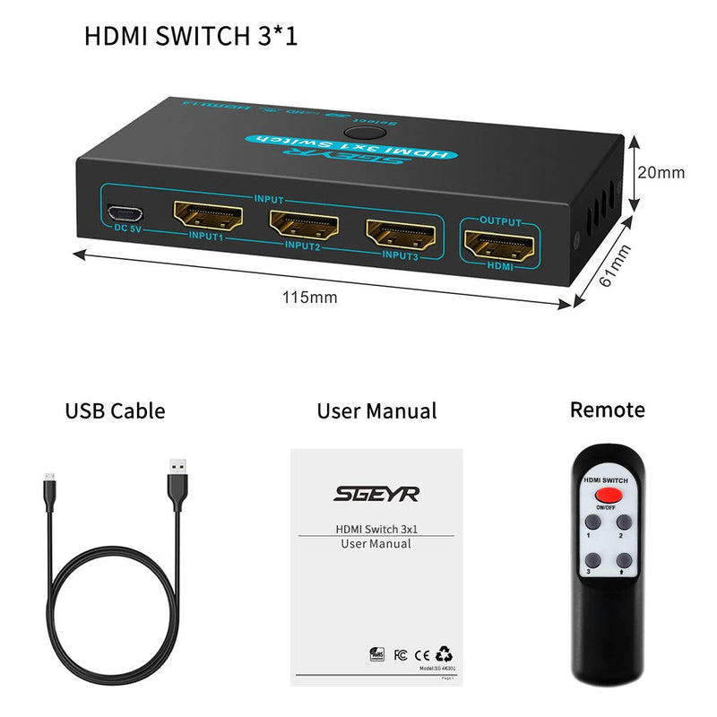 SGEYR HDMI Switch Splitter 3 Port 4K HDMI Switcher 3 in 1 Out HDMI Switches Selector Box with IR Remote IR Remote Control Support 4K@30Hz Ultra HD 3D 2160P 1080P