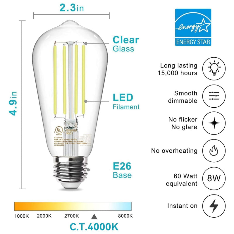 TJOY 12 Pack E26 Base Vintage LED Edison Light Bulbs, 60W Equivalent Dimmable, 4000K Natural White, 8W ST58 LED Filament Bulbs, 800Lumens, CRI80+, Antique Glass Style for Home, Bedroom, Farmhouse 12 Pack - 8W Natural White 4000k