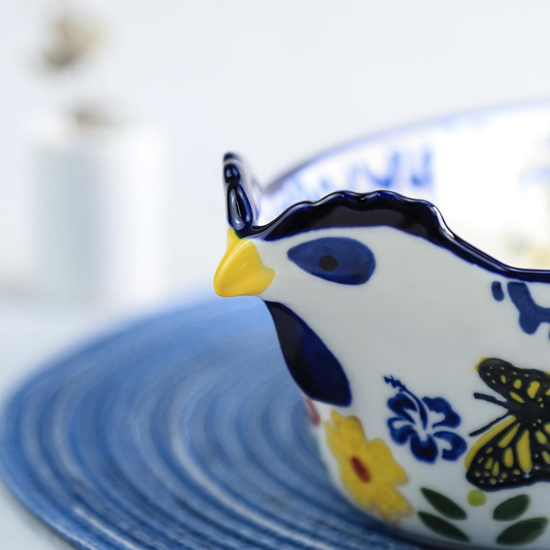 Vintage Butterfly and Flower Pattern Pie Pan, Chicken Shape Ceramic Bakeware Casserole Dish Baking Pan Bakers Lasagna Pans Soup Bowl Baking Dish for Oven to Table-Blue-25 OZ Blue 25 OZ
