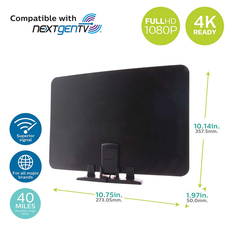 Philips Indoor Switch TV Antenna, Reversible Black White Finish, Perfect Home Decor, Long Range Digital HDTV Antenna, Smart TV Compatible, 4K 1080P VHF UHF, 10ft. Coaxial Cable Included, SDV2226N/27