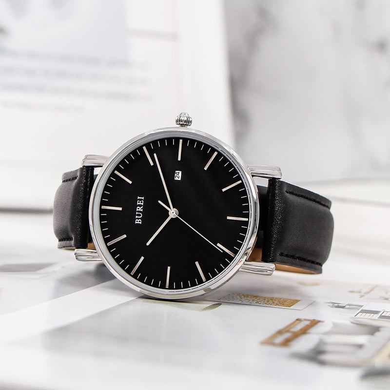 BUREI Men Watches Brown Leather Fashion Minimalist Wrist Watch Simple Ultra Thin Waterproof Quartz Watches All Black Stainless Steel Mesh Band,Gift for Men Women