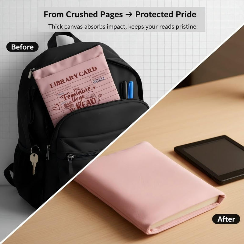 Library Card Book Sleeve Tote Bag for Readers, Pink Canvas Book Cover with Handle, Feminine Urge to Read Till 3AM Design, Book Lover Gift rosy pink large