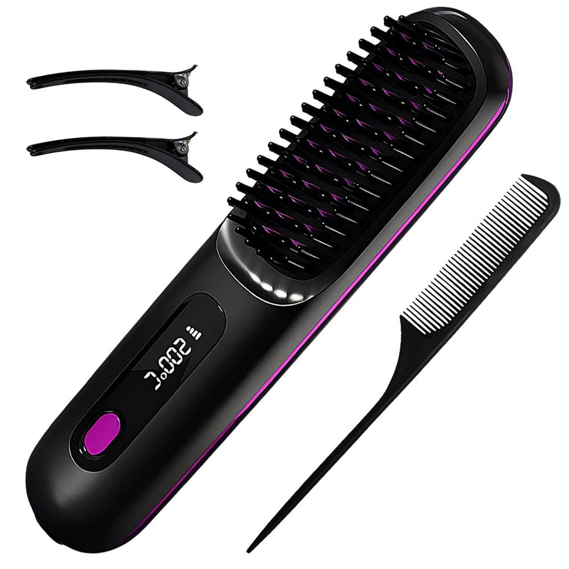 GlowWave Heated Brush, 2026 Cordless Hair Straightener Brush, 3 Heat Settings & LED Screen Glowcept Heated Brush, Portable & Rechargeable Heated Styling Brushes for Travel & Everyday Use (Black)