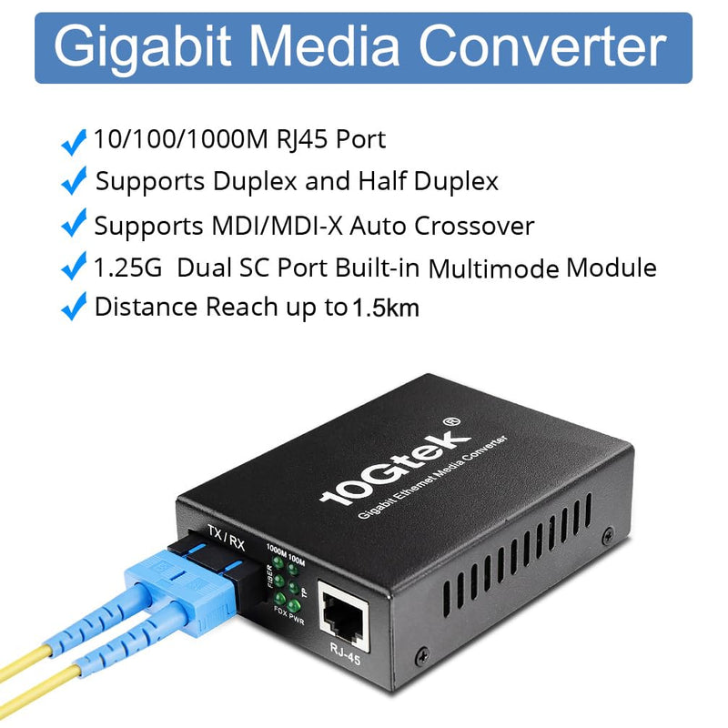 Gigabit SC to RJ45 Fiber Media Converter, Multimode Fiber to Ethernet Converter, 10/100/1000Mbps RJ45 Port to 1000Mbps Multi-Mode Fiber Dual SC Port, MMF, 1310nm, up to 1.5km, Auto-Negotiation X1 MMF,SC,1.5km