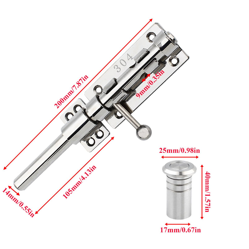 Slide Bolt Gate Latch Thickened 304 Stainless Steel Latches Heavy Duty Safety Barrel Bolt Door Lock with Padlock Hole and Dust Canister for Wooden Fence, Yard Door, Barn Door, Shed Door Silver 8in