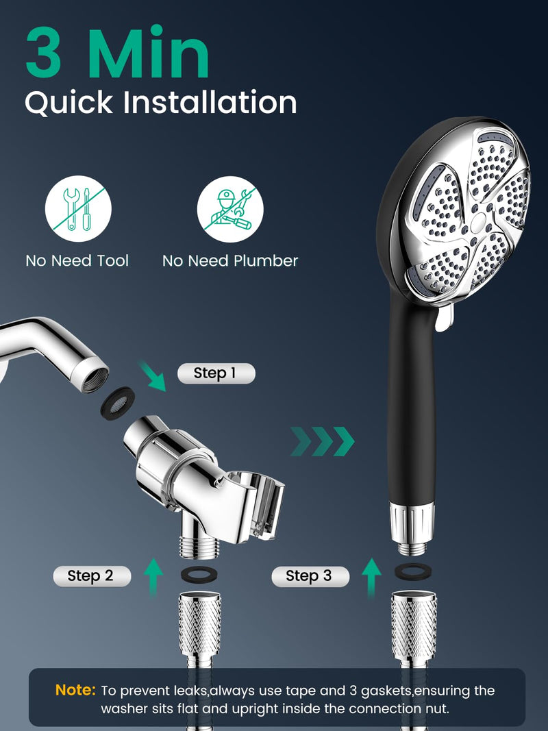 Filtered Shower Head with Handheld, High Pressure 7 Mode ShowerHead with Filters for Hard Water, Anti-clog Nozzles, Built-in Power Wash to Clean, Remove Chlorine - Reduce Dry Itchy Skin Black+Chrome
