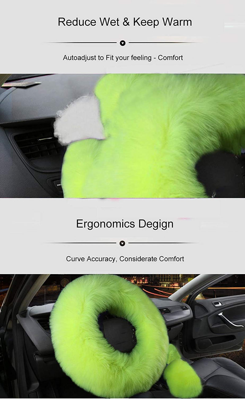 Car Steering Wheel Cover Gear Shift Handbrake Fuzzy Cover 1 Set 3 Pcs Multi-Colored with Winter Warm Pure Wool Fashion for Girl Women Ladies Universal Fit Most Car (Grass Green) Grass green