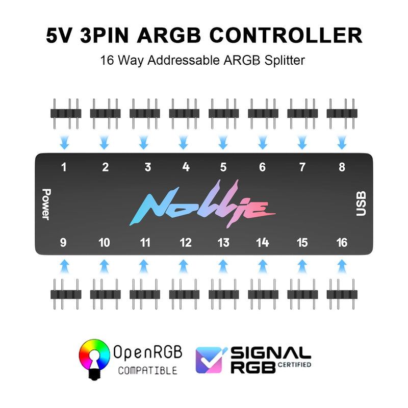 Iesooy Nollie 16 ARGB Controller Fan Hub 5v 3Pin 16 Port ARGB Interface Support SignalRGB OpenRGB