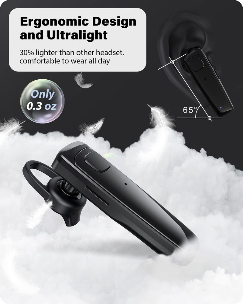 ADADPU Bluetooth Headset - V5.0 Wireless Handsfree Earpiece Built-in Dual Mic Noise Cancelling, 10 Days Standby 16Hrs HD Talktime Ultralight Headset for iPhone Android Samsung Laptop(Black) Black