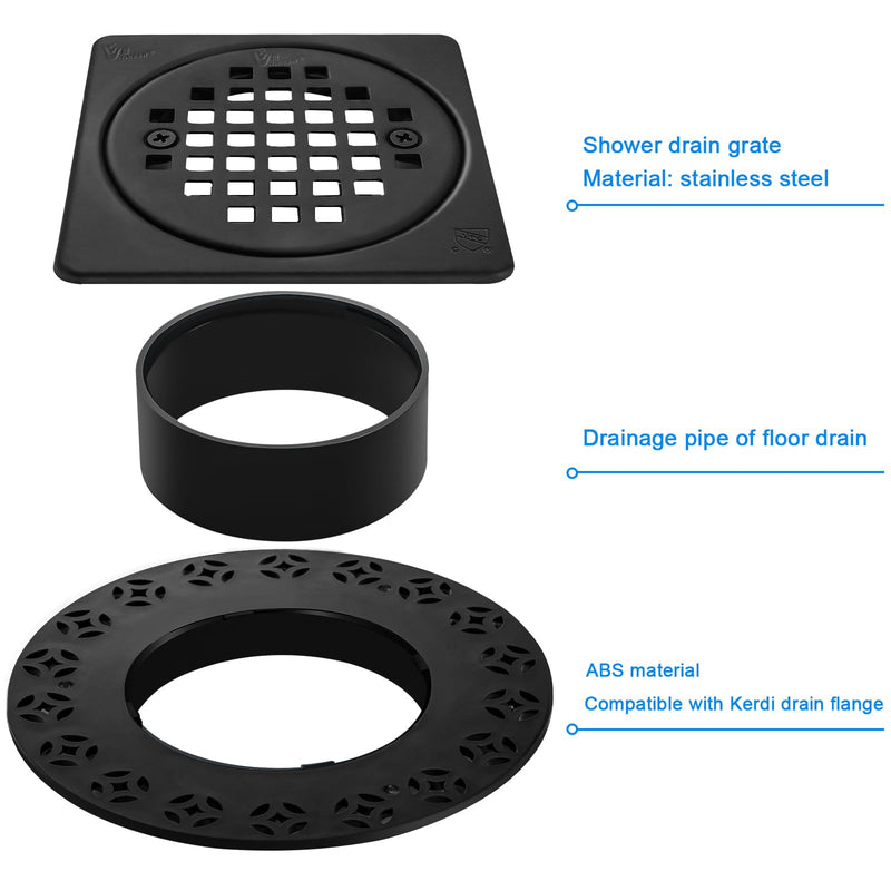 4 Inch Drain Grate Kit Compatible with Schluter Kerdi-Drain Flange Square Shower Floor Drain SS304 Stainless Steel and ABS Material - CUPC Certification, Matte Black