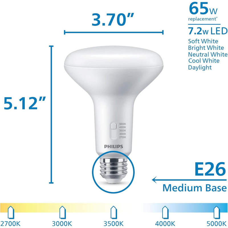 PHILIPS LED 65W BR30 6-Pack Selectable White Multi-CCT 650 Lumen (7.2 = 65W) Dimmable Frosted Flicker-Free Light Bulbs