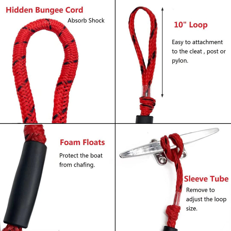Bungee Dock Lines for Boat Shock Absorb Dock Tie Mooring Rope Boat Accessories 4-5.5 ft,4Pack (RED&Black spot) RED&black spot