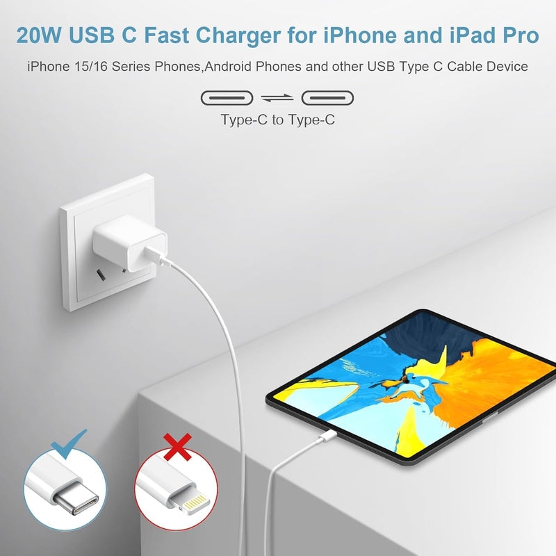 20W Fast Charger for iPhone 15 16 17, Portable Charging Block with 6FT USB-C Cable