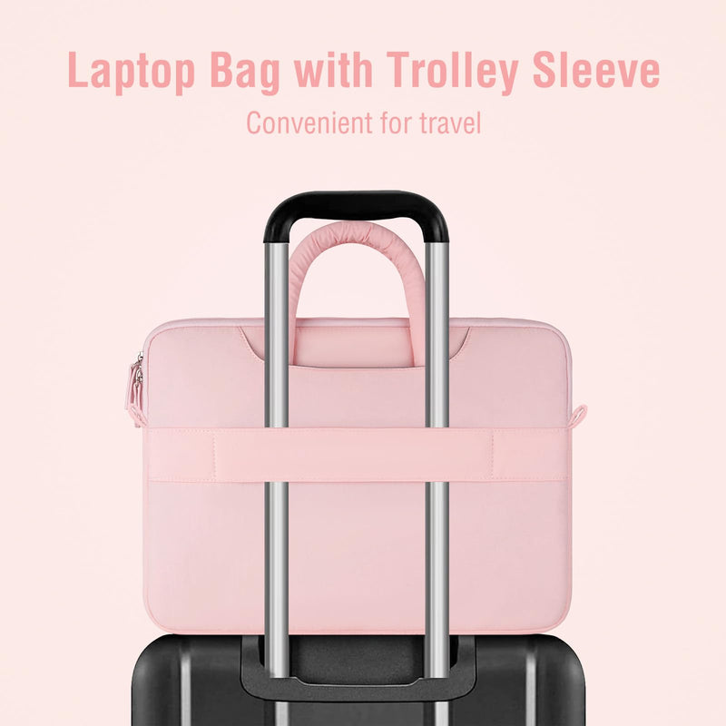 MOSISO Laptop Bag 16 inch, 15-15.6 inch Puffy Laptop Sleeve | Compatible with MacBook Pro 16/Air 15,HP Acer Dell, Messenger Briefcase Quilted Bag with Trolley Sleeve&Flower Pendant, Pink 15.6 inch