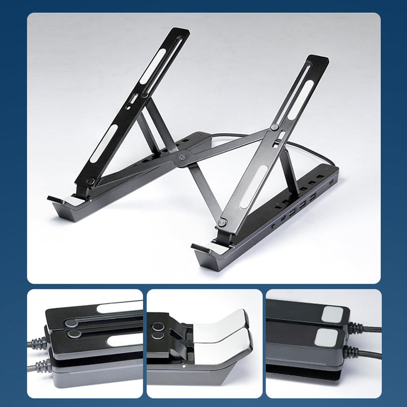 Adjustable Laptop Stand with USB Hub, Foldable Aluminum Mount for Notebook or Tablet, Black