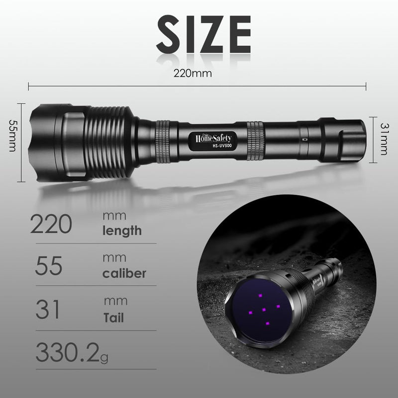 Black Light UV Flashlight, 5LEDs UV Light 50W Powerful Blacklight Torch Professional Grade Beam for Pet Urine Finding & Mineral, Antique Detection, Scorpion Search,Commercial Use (UV500_365nm) UV500_365nm