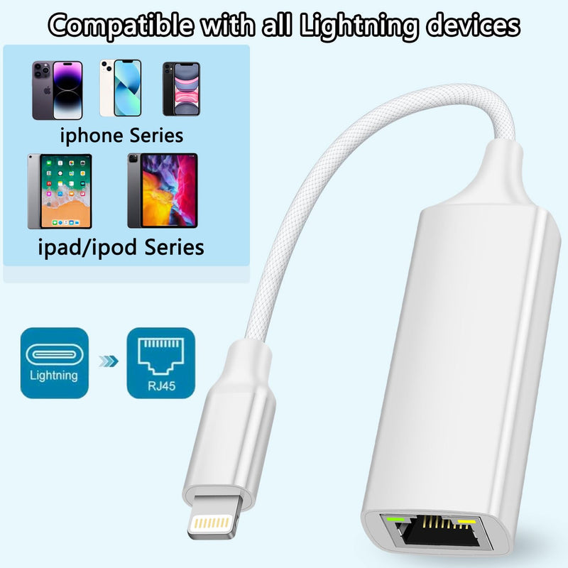 MFi Certified Ethernet Adapter Compatible with Lightning to RJ45 Ethernet LAN Network Adapter for i-Phone14/ 13/12/11/i-Pad/i-Pod, Plug and Play, Supports 100Mbps (Non-PoE) 7.8IN White