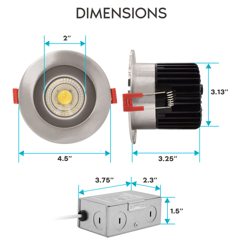 LUXRITE 4 Inch LED Recessed Lighting with Junction Box, 15W, 5 Color Selectable 2700K-5000K, 1100 Lumens, 40° Spotlight, Dimmable Downlight, Wet Rated, IC Rated - Brushed Nickel Round Trim