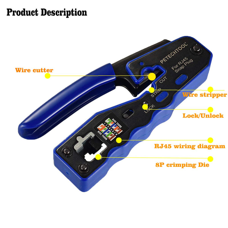 RJ45 Crimp Tool for Cat5e Cat6 Cat6a Pass Thrugh Connectors with 20 pieces Cat6 Connectors and 20 Pieces Boots RJ45 Crimper Kit