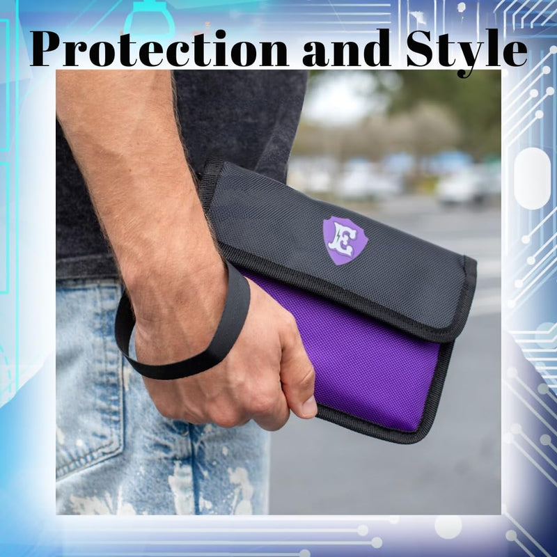 Large Signal Blocking Faraday Bags for Phones, Key Fob Signal Blocker, RFID Key Fob protector, Two-Tone Color Faraday Pouch for key fob w/Removable Handle, Zipper closure on back pocket Purple