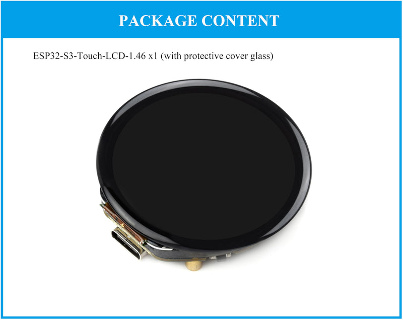 ESP32-S3 1.46inch Round Touch Display Development Board, IPS Display Panel, 412×412 Pixel, Accelerometer and Gyroscope Sensor, Onboard Speaker and Microphone, ESP32 with Display, with Cover Glass