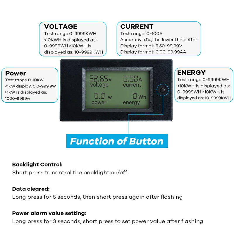  [AUSTRALIA] - DC 6.5-100V 0-100A LCD Display Digital Power Monitoring Meter Voltage Current Power Energy Meter Ammeter Voltmeter Multimeter with 100A Current Shunt