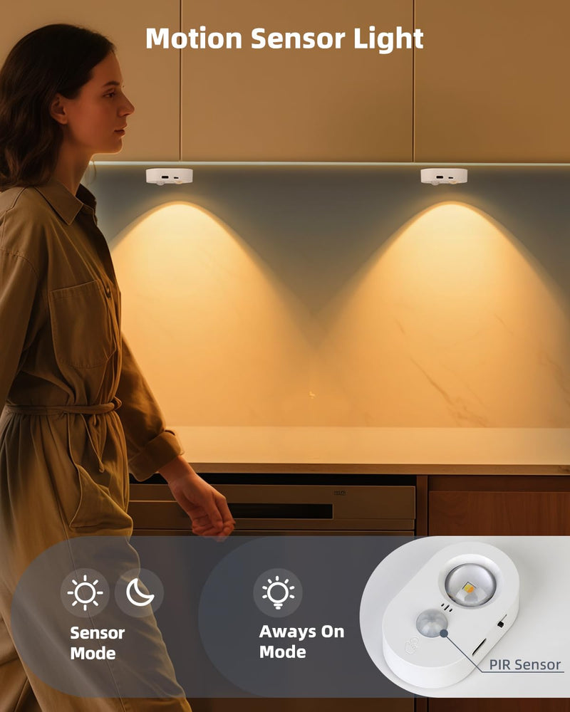 Yiliaw LED Motion Sensor Puck Lights Indoor, Small Rechargeable Under Cabinet Lighting, Dimmable Warm White Closet Lights, Stick on Wireless Night Light for Drawer, Shelf, Kitchen, White (9 Pack) 9 Packs