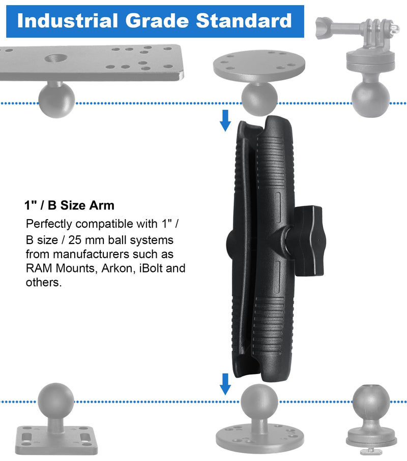 Aluminum Long(6.7"/17cm) Double Socket Arm for 1 Inches/B Size / 25mm Ball Accessories, Powerful Clamp, Compatible with RAM Mount, iBolt and More