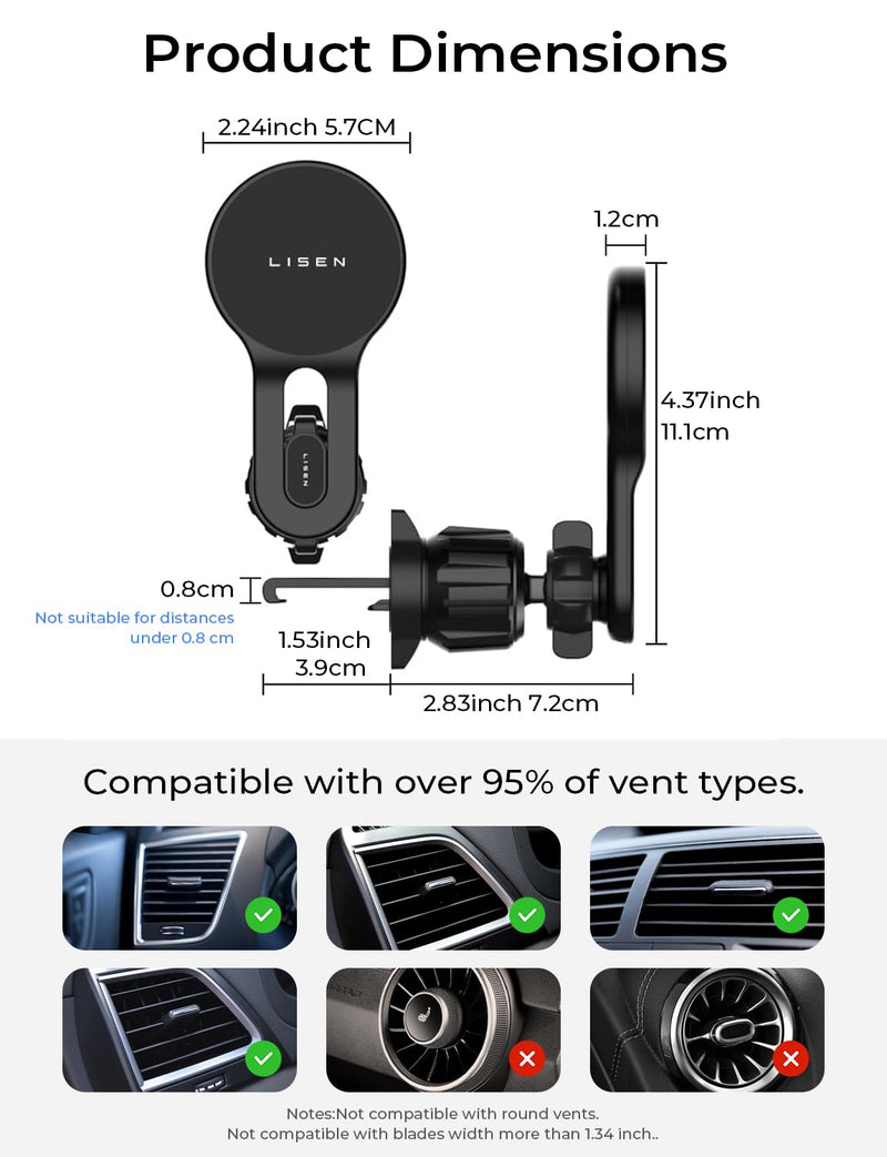 LISEN for iPhone 17 MagSafe Car Mount Charger, [Safer & Faster] Vent Magnetic Wireless Car Charger, Car Vent Phone Mount Charger Fits iPhone 17 Pro Max Air 15 14 13, Samsung with MagSafe Case,Black Black
