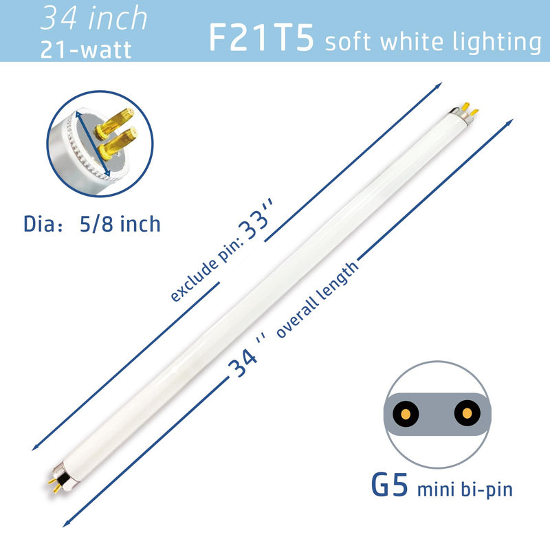 6pack F21T5/830 21Watt 34 inch Fluorescent Light Bulb, T5 3000K Soft White Linear Tube, F21T5/21W/830 Warm White Replacement for Under Counter Fixture 34inch