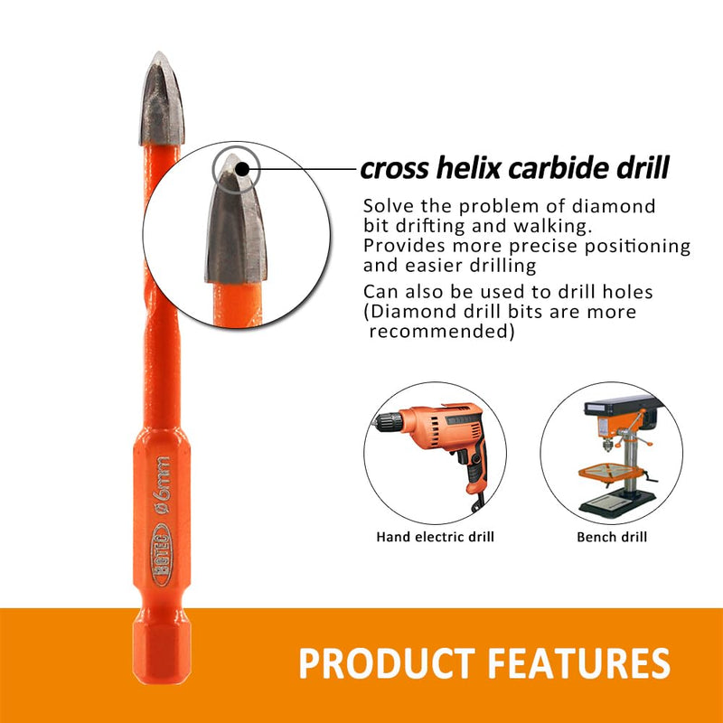 BGTEC Dry Diamond Drill Bits Set - 1/4" 6mm 5pcs Tile Cutter Hole Saw and 1/4" 6mm 5pcs Carbide Tip Drill Bits for Granite Marble Porcelain Ceramic Glass 6mm*5+6mm*5 10