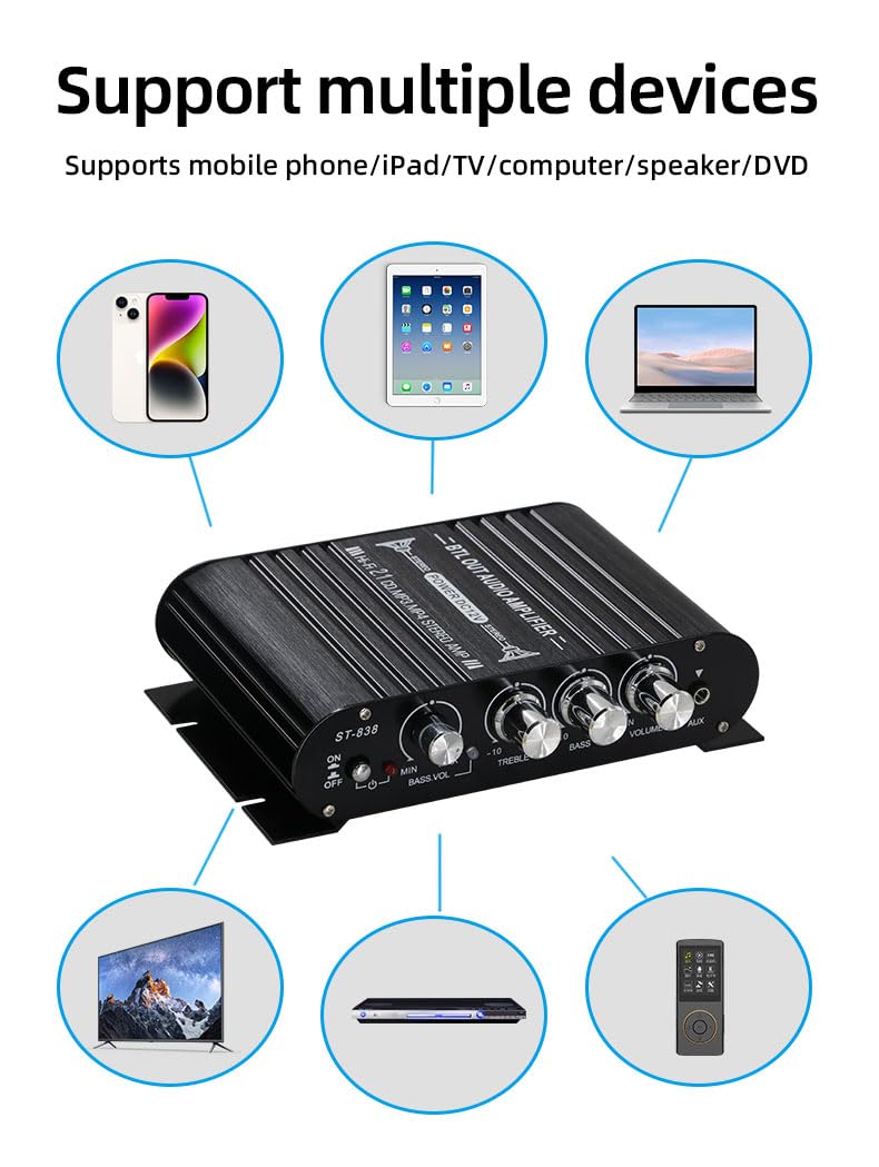 Stereo Audio Amplifier, Mini HiFi 2.1 Bluetooth Stereo Bass Car Home Audio Power Amplifier, Professional Digital Amp for Use on Your Carrier or at Home (Black) (Black) Black