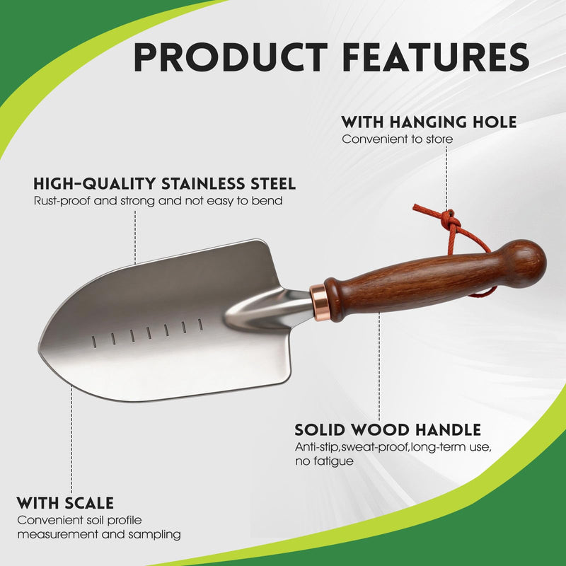 Garden Tools, 4 Pack Garden Shovel with Wooden Handles Hand Tools with Transplanting Hand Shovel, Rake and Root Picker Ideal for Digging and Planting