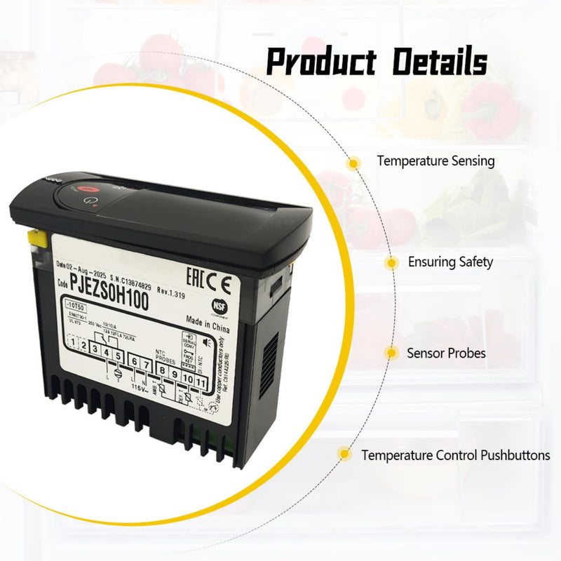 Temperature Controller PJEZS0H100 Compatible with Carel and All Refrigerator Types, 115V Digital Thermostat with Temperature Sensor Probe, Mounting Hardware and Instructions
