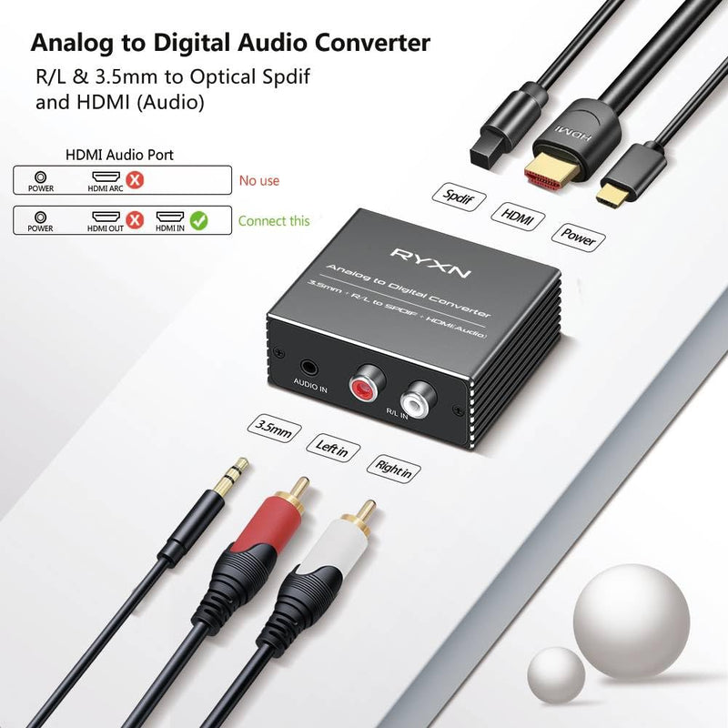 Analog to Digital Audio Converter, RCA R/L and 3.5mm Audio to Optical Spdif Toslink and HDMI Audio Out (Not HDMI ARC), for Home KTV TV DVD PC Soundbar Speaker